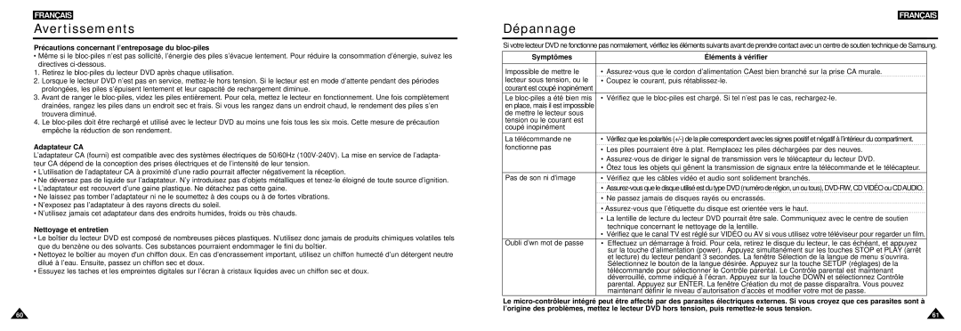 Samsung DVD-L100W manual Dépannage, Précautions concernant l’entreposage du bloc-piles, Nettoyage et entretien, Symptômes 