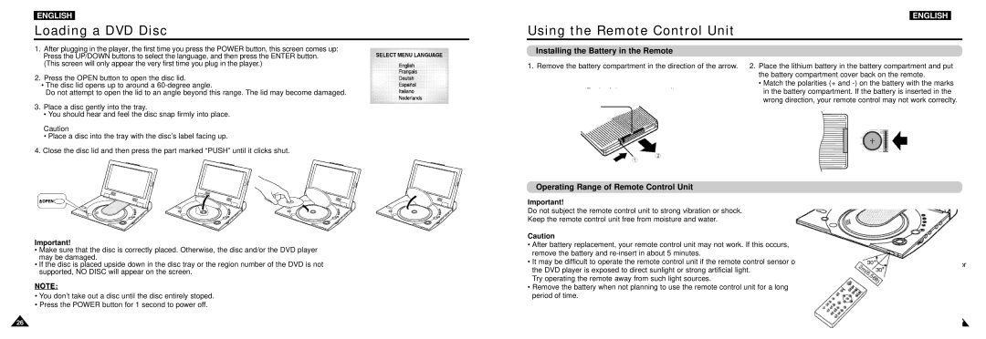 Samsung DVD-L100W manual Loading a DVD Disc, Using the Remote Control Unit, Installing the Battery in the Remote 