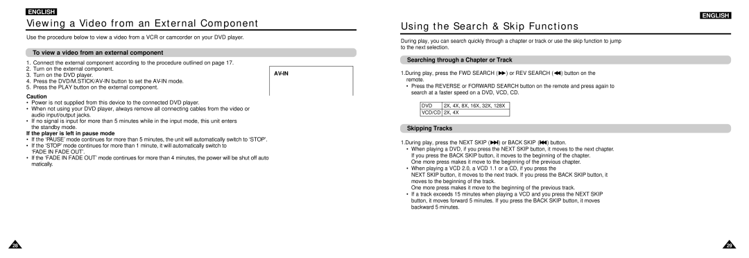 Samsung DVD-L100W manual Viewing a Video from an External Component, Using the Search & Skip Functions, Skipping Tracks 