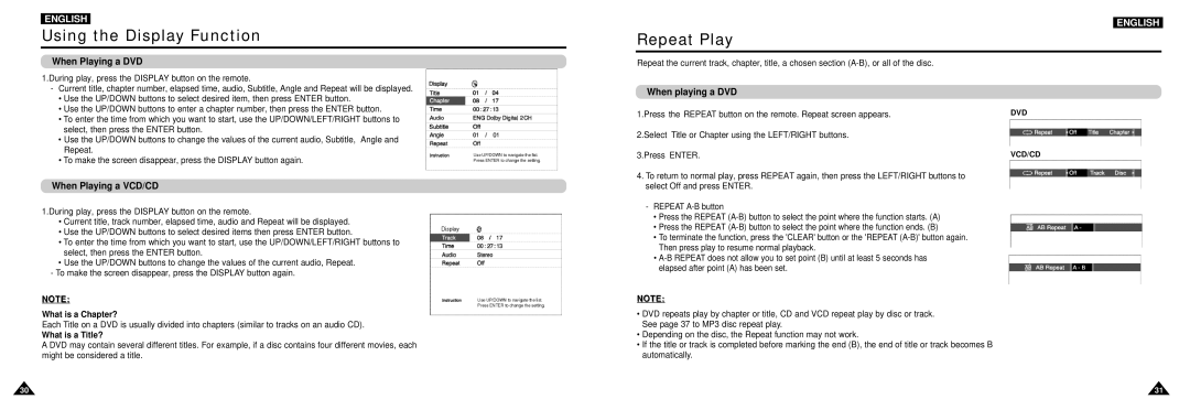 Samsung DVD-L100W manual Using the Display Function, Repeat Play, When Playing a DVD, When Playing a VCD/CD 