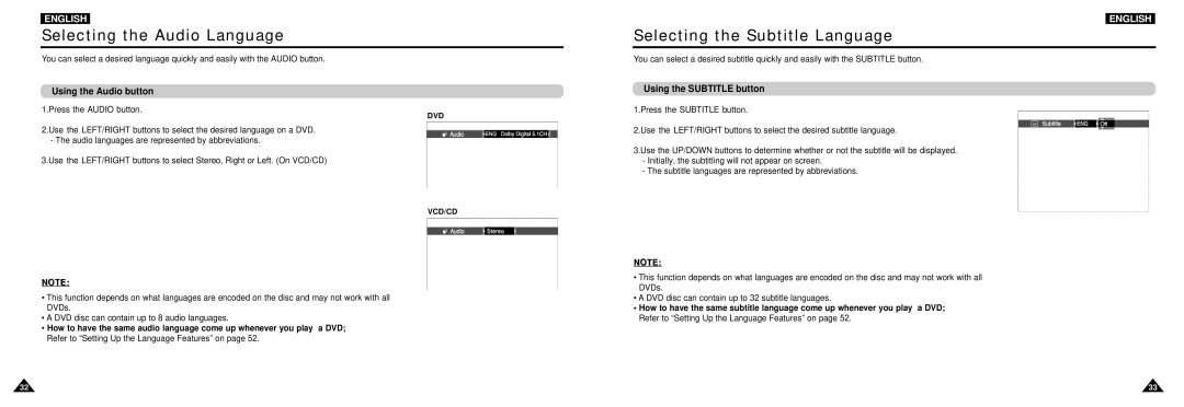 Samsung DVD-L100W manual Selecting the Audio Language, Selecting the Subtitle Language, Using the Audio button 