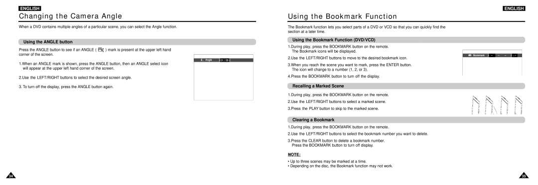 Samsung DVD-L100W manual Changing the Camera Angle, Using the Bookmark Function 