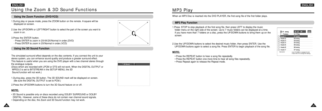Samsung DVD-L100W manual Using the Zoom & 3D Sound Functions, Using the Zoom Function DVD/VCD, MP3 Play Function 