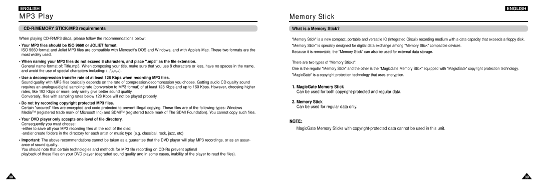 Samsung DVD-L100W manual CD-R/MEMORY STICK/MP3 requirements, What is a Memory Stick?, MagicGate Memory Stick 