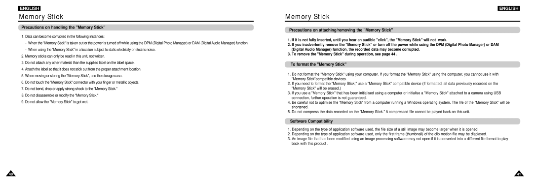 Samsung DVD-L100W manual Precautions on handling the Memory Stick, Precautions on attaching/removing the Memory Stick 