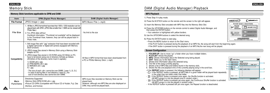 Samsung DVD-L100W manual DAM Digital Audio Manager Playback, Memory Stick functions applicable to DPM and DAM, MP3 Playback 