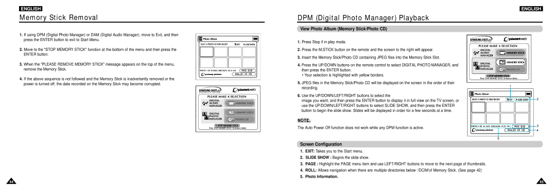 Samsung DVD-L100W manual Memory Stick Removal, DPM Digital Photo Manager Playback, View Photo Album Memory Stick/Photo CD 