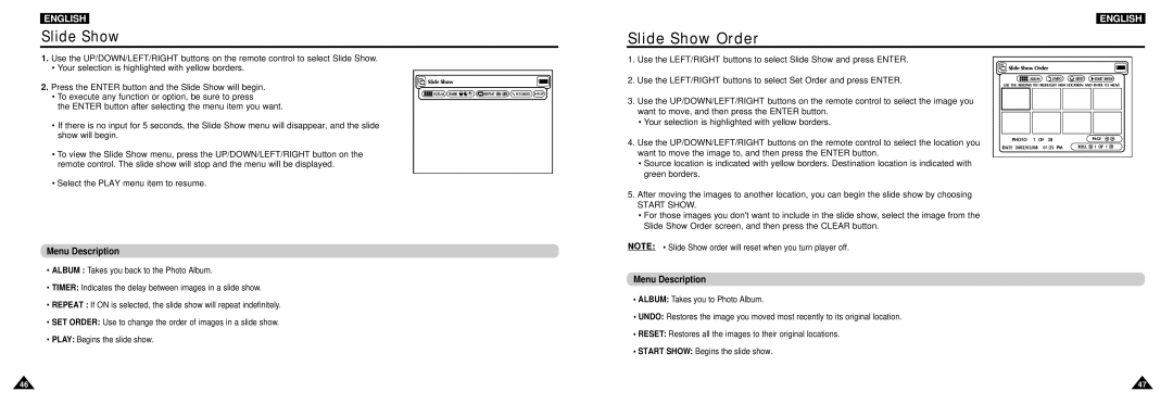 Samsung DVD-L100W manual Slide Show Order, Menu Description 