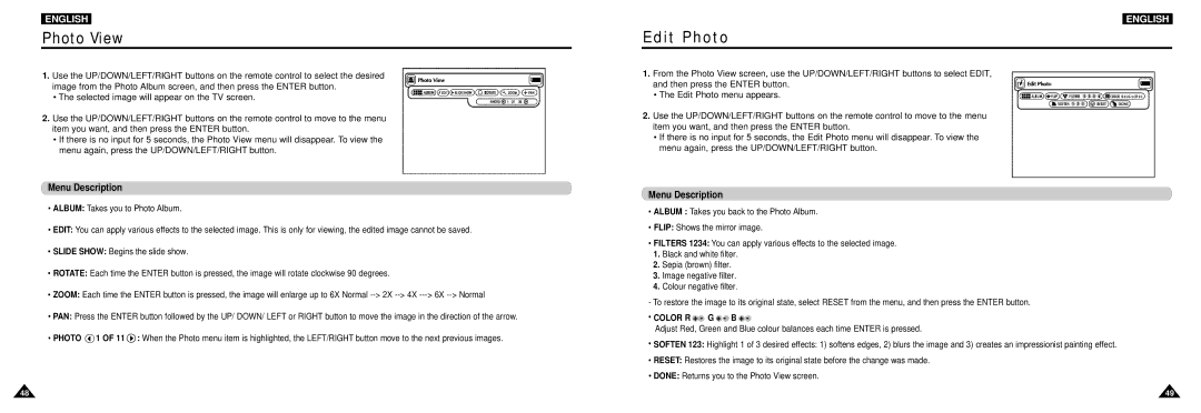 Samsung DVD-L100W manual Photo View, Edit Photo, Color R + G + B + 