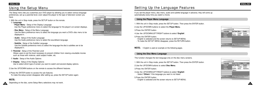 Samsung DVD-L100W manual Using the Setup Menu, Setting Up the Language Features, Using the Player Menu Language, ① Language 