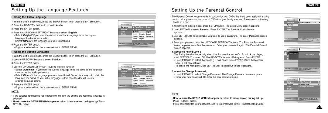 Samsung DVD-L100W manual Setting Up the Parental Control, Using the Audio Language, Using the Subtitle Language 