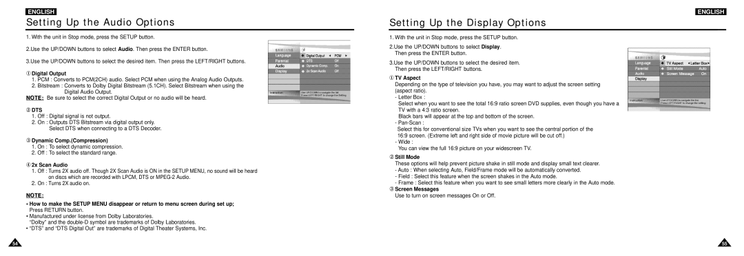 Samsung DVD-L100W manual Setting Up the Audio Options, Setting Up the Display Options 