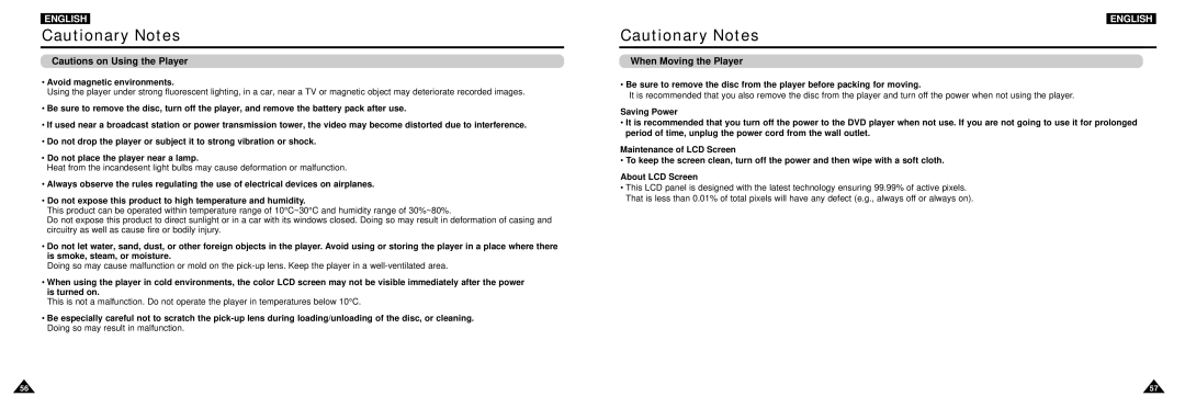 Samsung DVD-L100W manual When Moving the Player, Avoid magnetic environments 