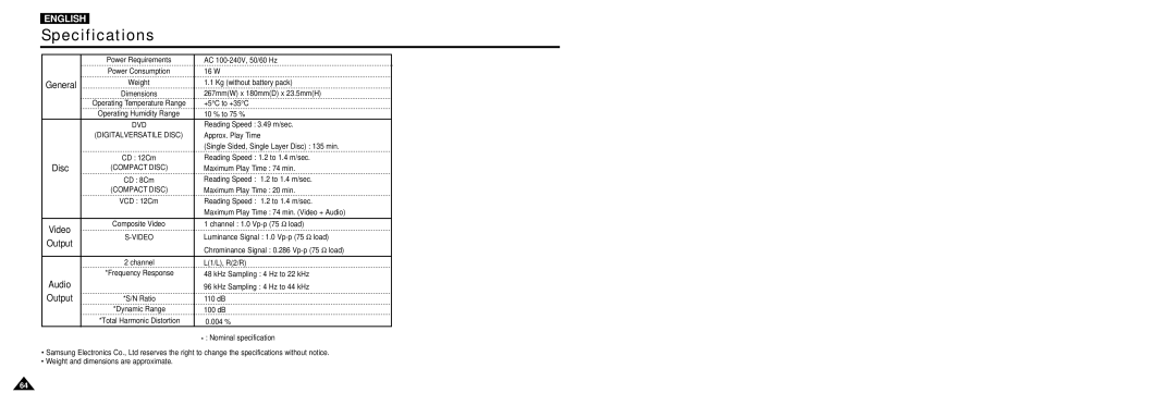 Samsung DVD-L100W manual Specifications, Output 