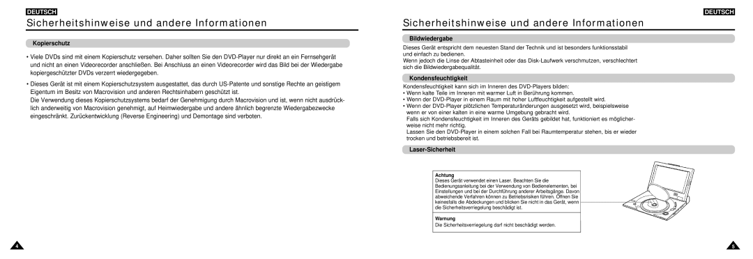 Samsung DVD-L100W manual Kopierschutz, Bildwiedergabe, Kondensfeuchtigkeit, Laser-Sicherheit 