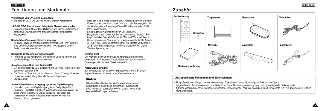 Samsung DVD-L100W manual Funktionen und Merkmale, Zubehör, Disk-spezifische Funktionen und Eigenschaften 