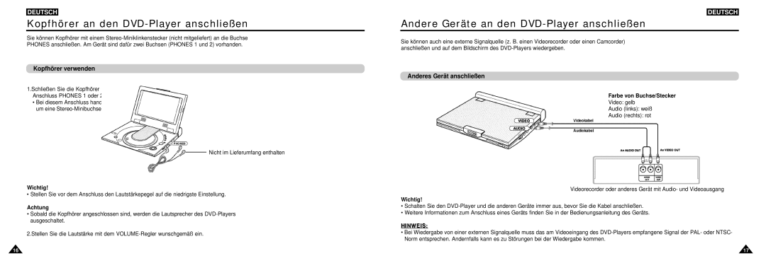 Samsung DVD-L100W manual Kopfhörer an den DVD-Player anschließen, Andere Geräte an den DVD-Player anschließen 