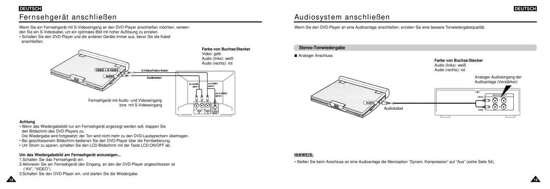 Samsung DVD-L100W manual Fernsehgerät anschließen, Audiosystem anschließen, Stereo-Tonwiedergabe 