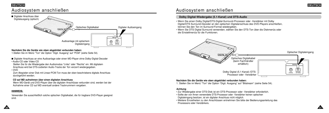 Samsung DVD-L100W manual Dolby Digital-Wiedergabe 5.1-Kanal und DTS-Audio, Optisches Digitalkabel 