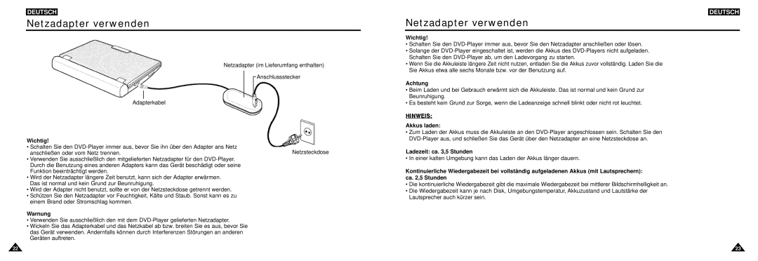 Samsung DVD-L100W Netzadapter verwenden, Anschließen oder vom Netz trennen, Warnung, Akkus laden, Ladezeit ca ,5 Stunden 