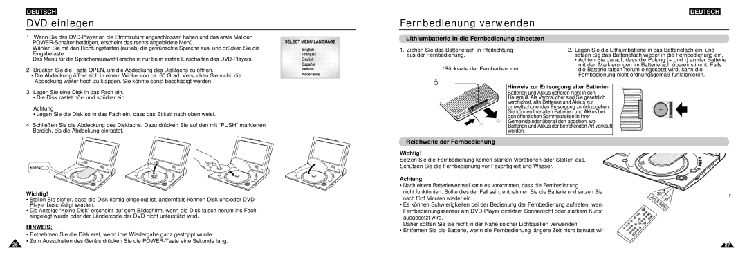 Samsung DVD-L100W manual DVD einlegen, Fernbedienung verwenden, Lithiumbatterie in die Fernbedienung einsetzen 