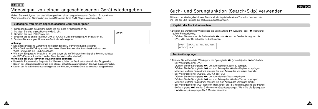 Samsung DVD-L100W Videosignal von einem angeschlossenen Gerät wiedergeben, Such- und Sprungfunktion Search/Skip verwenden 