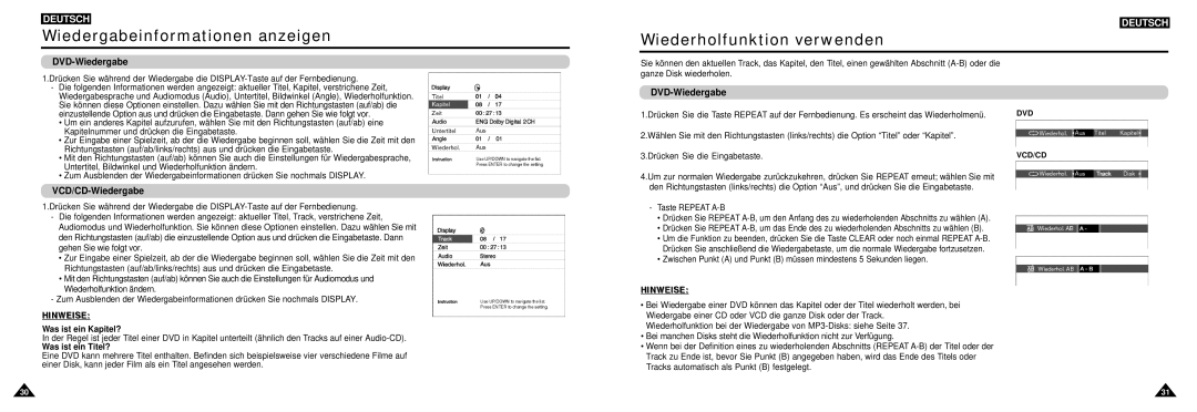 Samsung DVD-L100W manual Wiedergabeinformationen anzeigen, Wiederholfunktion verwenden, DVD-Wiedergabe, VCD/CD-Wiedergabe 