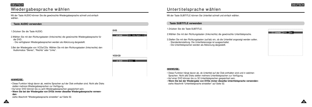 Samsung DVD-L100W Wiedergabesprache wählen, Untertitelsprache wählen, Taste Audio verwenden, Taste Subtitle verwenden 