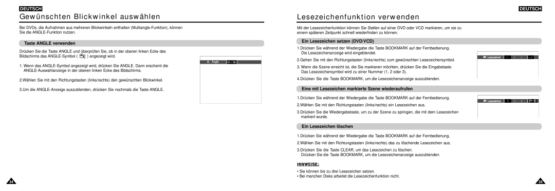 Samsung DVD-L100W manual Gewünschten Blickwinkel auswählen, Lesezeichenfunktion verwenden 