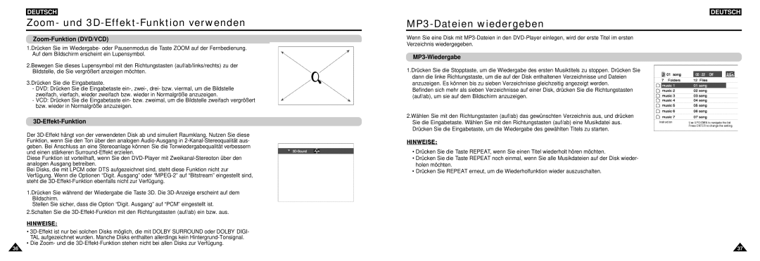 Samsung DVD-L100W Zoom- und 3D-Effekt-Funktion verwenden, MP3-Dateien wiedergeben, Zoom-Funktion DVD/VCD, MP3-Wiedergabe 