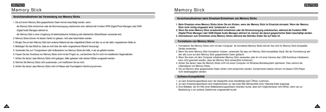 Samsung DVD-L100W manual Vorsichtsmaßnahmen bei Verwendung von Memory Sticks, Formatieren von Memory Sticks 