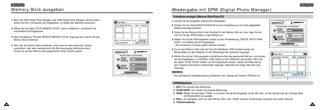 Samsung DVD-L100W Memory Stick ausgeben, Wiedergabe mit DPM Digital Photo Manager, Fotoalbum anzeigen Memory Stick/Foto-CD 