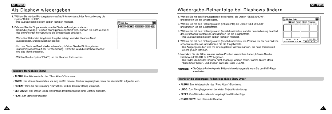 Samsung DVD-L100W manual Als Diashow wiedergeben, Wiedergabe-Reihenfolge bei Diashows ändern, Diashow-Menü Slide Show 