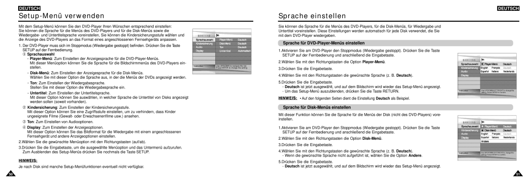 Samsung DVD-L100W manual Setup-Menü verwenden, Sprache einstellen, Sprache für DVD-Player-Menüs einstellen, ① Sprachauswahl 