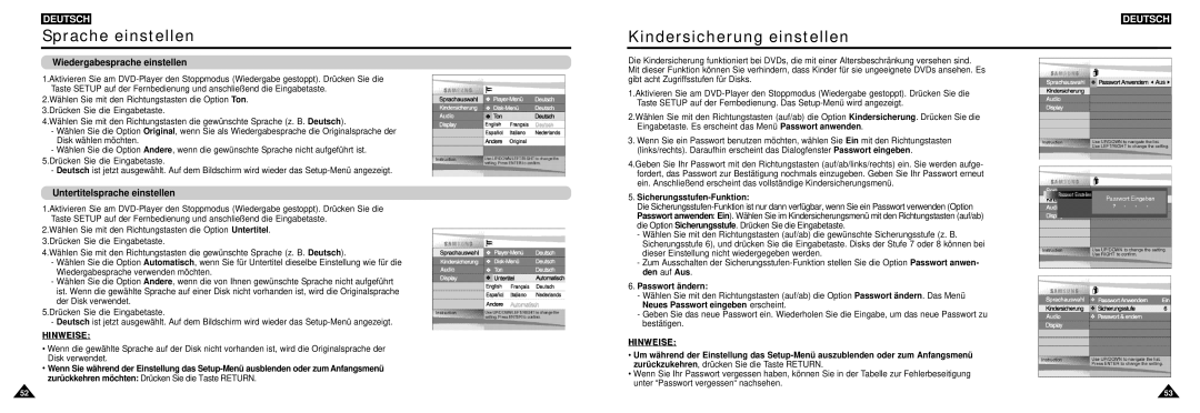 Samsung DVD-L100W Kindersicherung einstellen, Wiedergabesprache einstellen, Untertitelsprache einstellen, Passwort ändern 