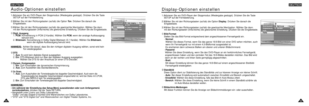 Samsung DVD-L100W manual Audio-Optionen einstellen, Display-Optionen einstellen 