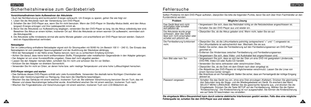 Samsung DVD-L100W Fehlersuche, Vorsichtsmaßnahmen beim Aufbewahren der Akkuleiste, DVD-Player reinigen und warten, Problem 