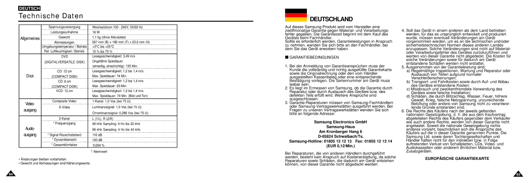 Samsung DVD-L100W manual Technische Daten, Deutschland 