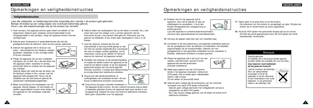 Samsung DVD-L100W manual Opmerkingen en veiligheidsinstructies, Veiligheidsinstructies 