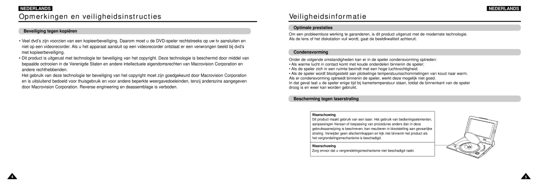 Samsung DVD-L100W manual Veiligheidsinformatie, Beveiliging tegen kopiëren, Optimale prestaties, Condensvorming 