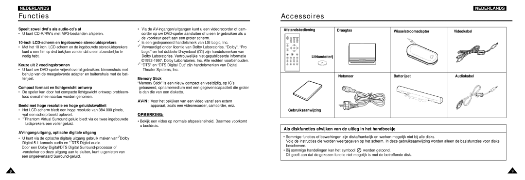 Samsung DVD-L100W manual Functies, Accessoires, Als diskfuncties afwijken van de uitleg in het handboekje 