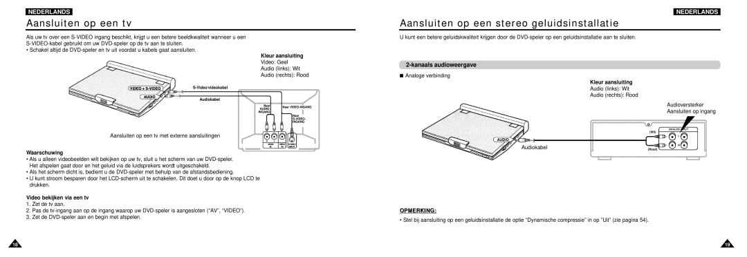 Samsung DVD-L100W Aansluiten op een tv, Aansluiten op een stereo geluidsinstallatie, Kanaals audioweergave, Audiokabel 