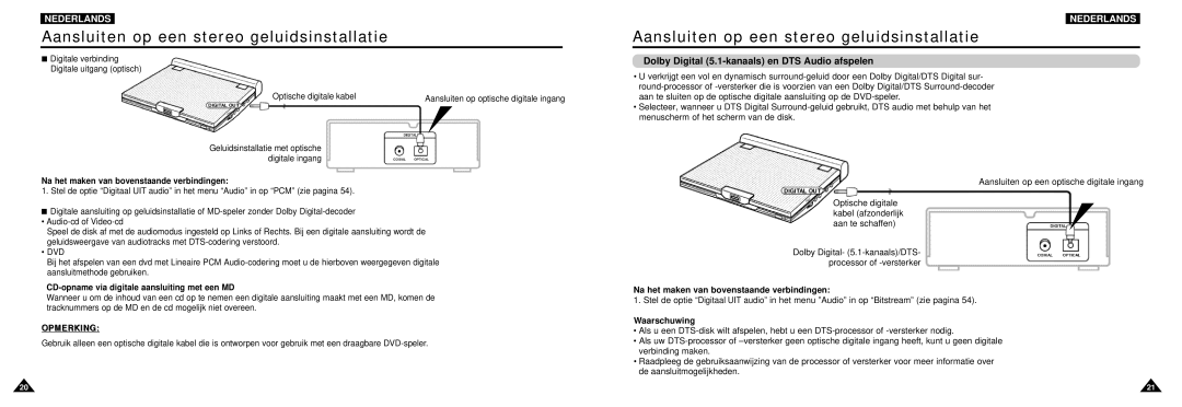 Samsung DVD-L100W manual Dolby Digital 5.1-kanaals en DTS Audio afspelen, Optische digitale kabel 