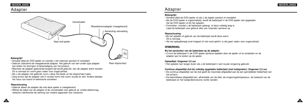 Samsung DVD-L100W manual Adapter, Bij het aansluiten van de batterijset op de adapter, Oplaadtijd Ongeveer 3,5 uur 