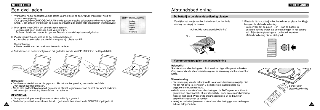 Samsung DVD-L100W Een dvd laden, De batterij in de afstandsbediening plaatsen, Voorzorgsmaatregelen afstandsbediening 