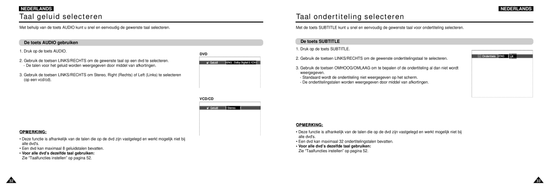 Samsung DVD-L100W manual Taal geluid selecteren, Taal ondertiteling selecteren, De toets Audio gebruiken, De toets Subtitle 