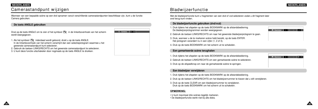 Samsung DVD-L100W manual Camerastandpunt wijzigen, Bladwijzerfunctie 