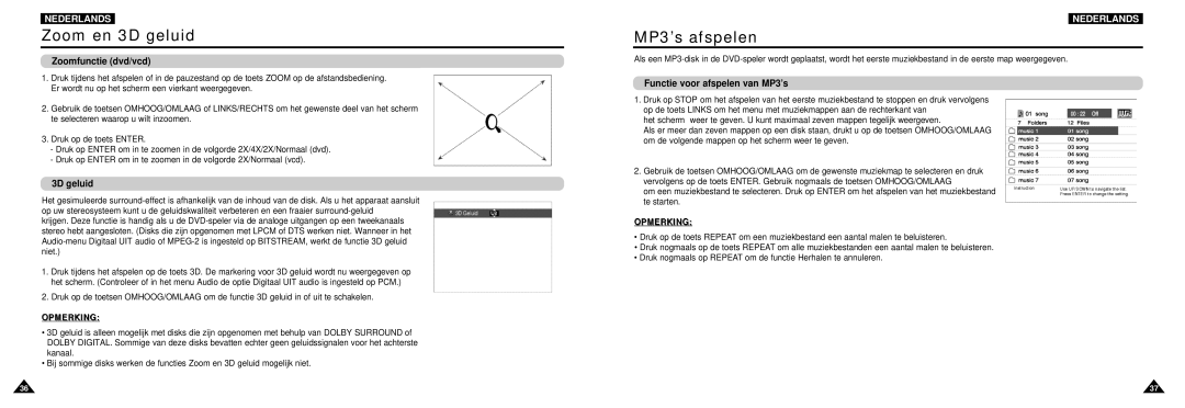 Samsung DVD-L100W manual Zoom en 3D geluid, MP3’s afspelen, Zoomfunctie dvd/vcd, Functie voor afspelen van MP3’s 