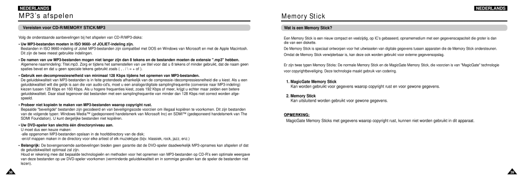 Samsung DVD-L100W manual Vereisten voor CD-R/MEMORY STICK/MP3, Wat is een Memory Stick? 