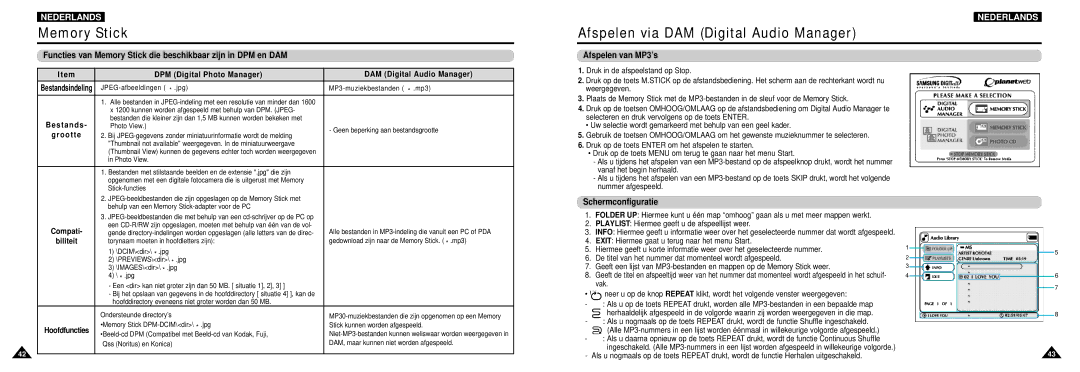 Samsung DVD-L100W manual Afspelen via DAM Digital Audio Manager, Afspelen van MP3’s, Schermconfiguratie 